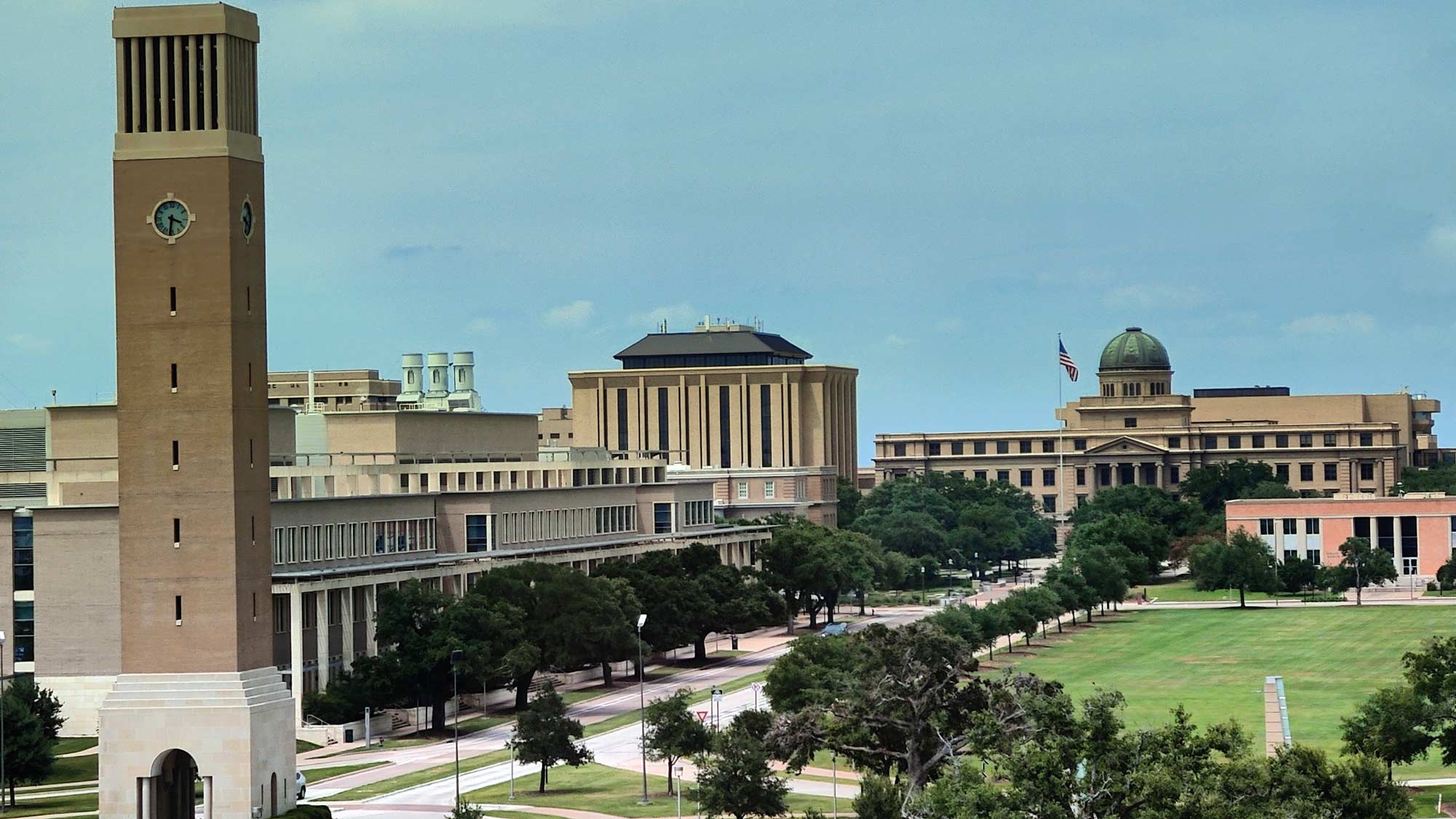 Campus aerial with clock tower